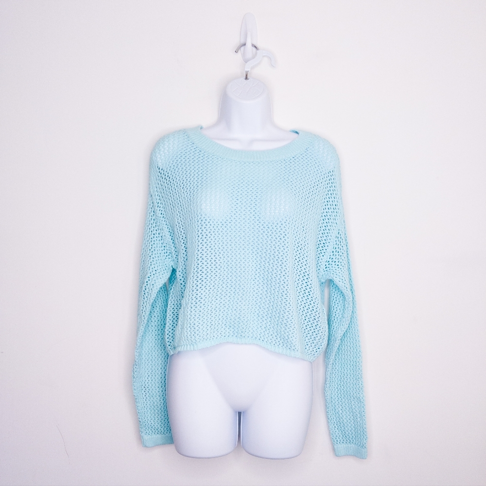 BP Open Knit Cropped Sweater Blue Medium Women's Top Long Sleeve Shirt